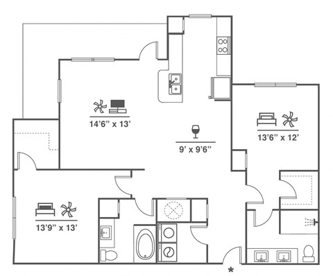 Floor plan for 2 beds, 2 baths, 1294 sqft